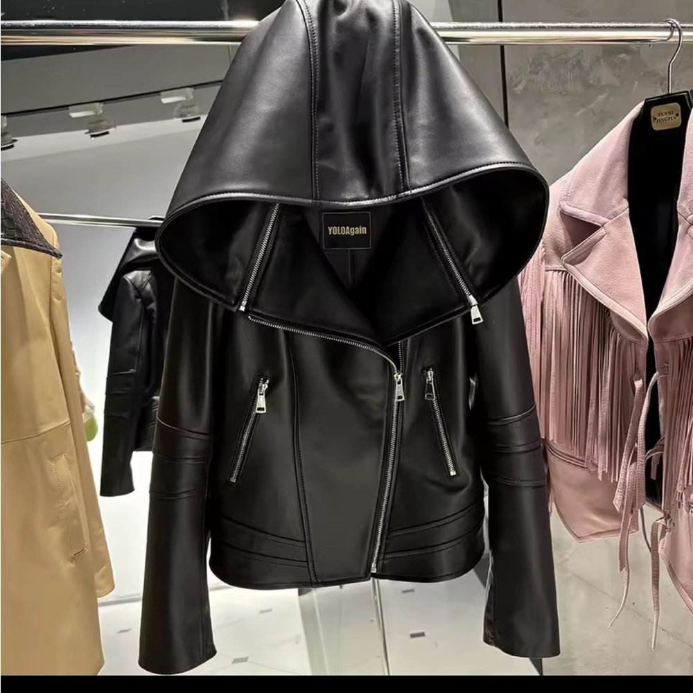 Women's Black Leather Hooded Jacket